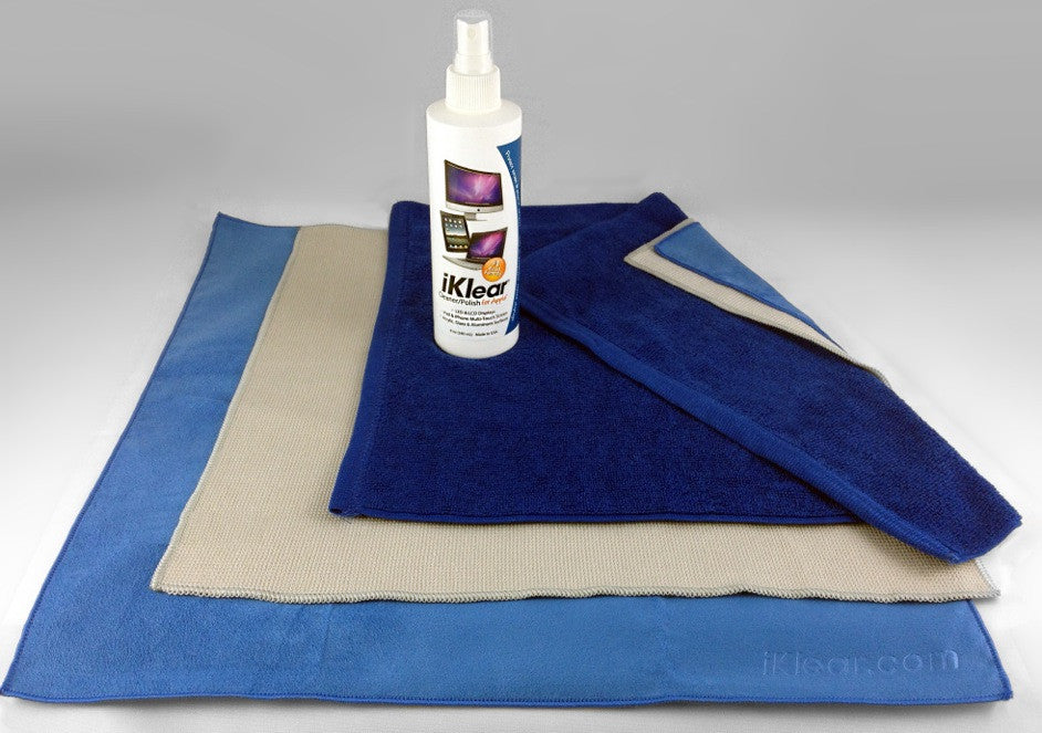 Picture of 8 oz. spray bottle of iKlear cleaning fluid and three microfiber polishing cloths.